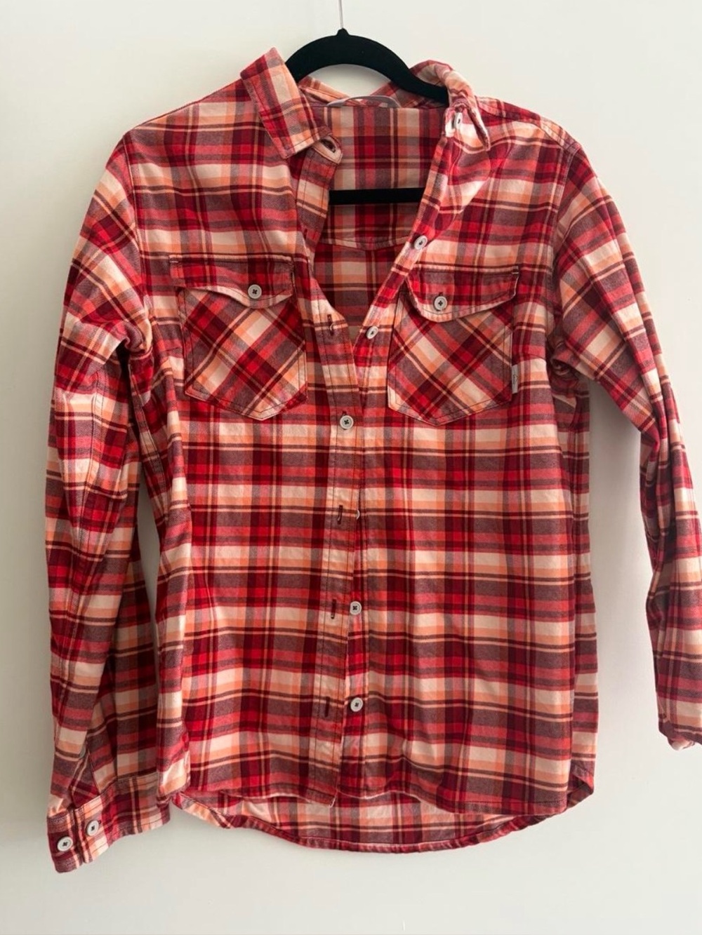 Stio Willow Midweight Flannel Shirt Womens Large Red Cream Orange Flannel